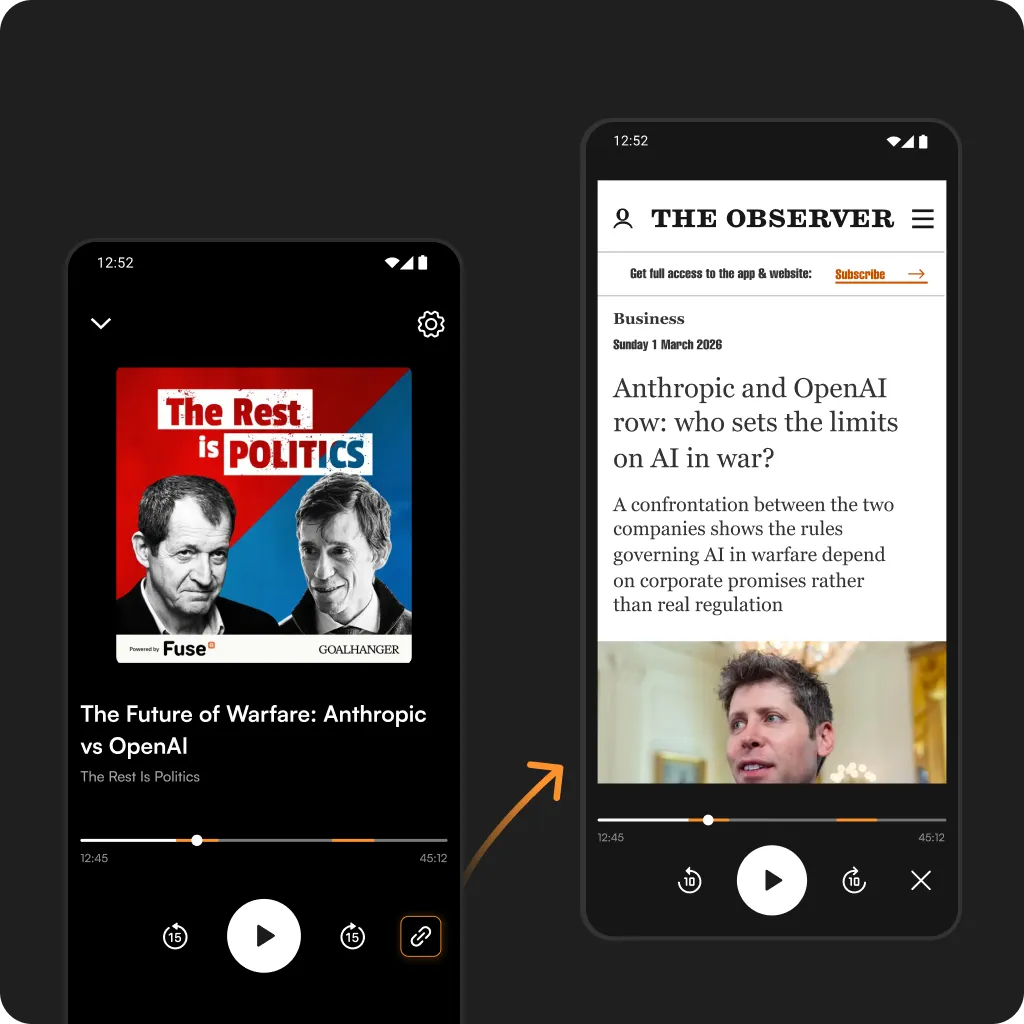 Image showing tapping a link button in the player opens a website, adding context to the currently playing podcast